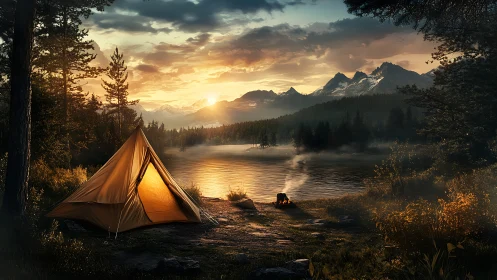 Sunlit mountain lake campsite glows under golden sunset.