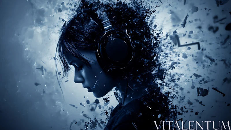 Headphone silhouette dissolves into abstract digital soundscape.