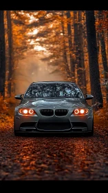 Silver sedan is parked on leaf-covered forest path