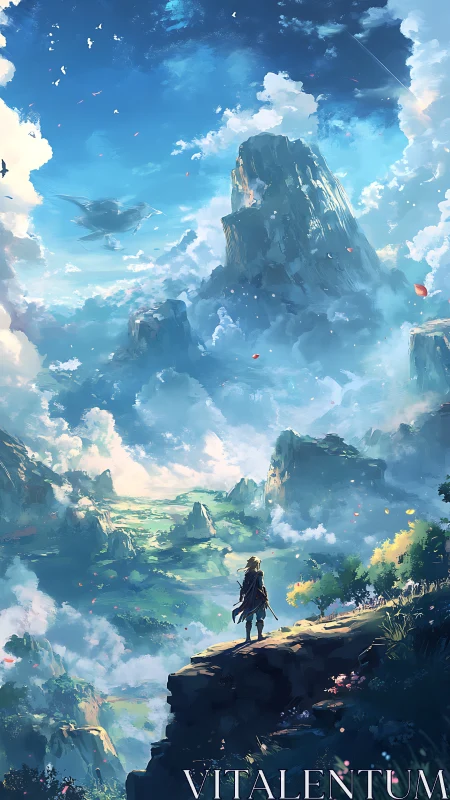 Solitary figure on cliff overlooking expansive valley vista.