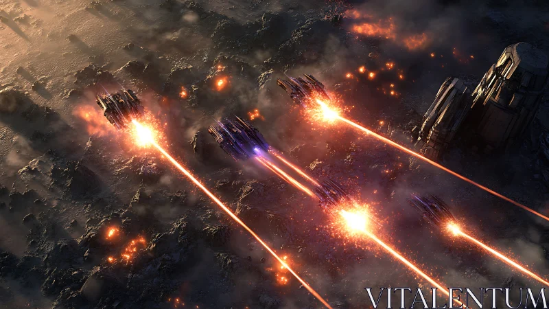 Orbital spacecraft conduct coordinated surface bombardment.