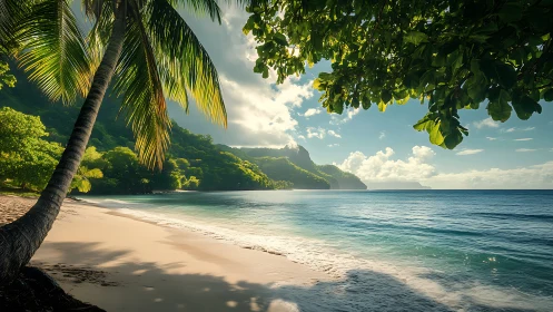 Tropical Coastal Beach with Palm Trees and Mountain Backdrop