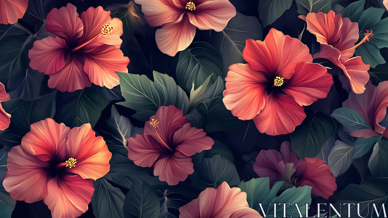 Hibiscus Flowers Digital Illustration with Dark Background.