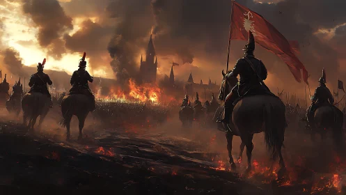 Mounted troops advance toward burning fortified city at dusk.