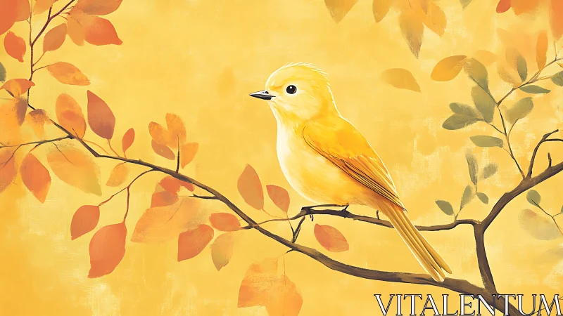 Yellow songbird on autumn branch, digital painting with warm tones.