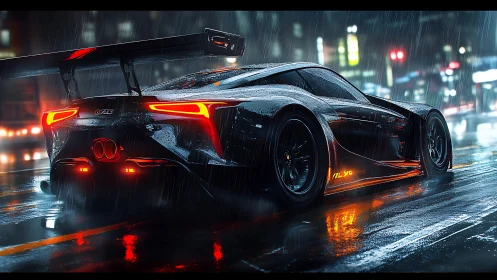 Aerodynamic hypercar under neon storm, wet-spec race configuration.