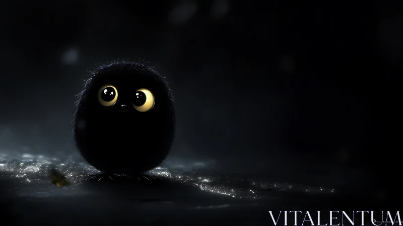 Tiny black fluff creature under moody spotlight at night.