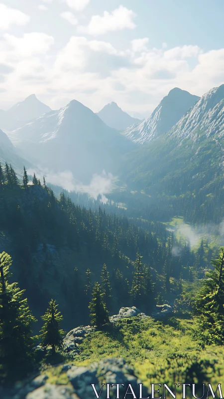 Photoreal alpine valley with atmospheric depth cues and light gradients.