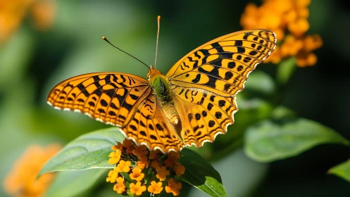 Macro study of an orange fritillary butterfly on garden bloom.