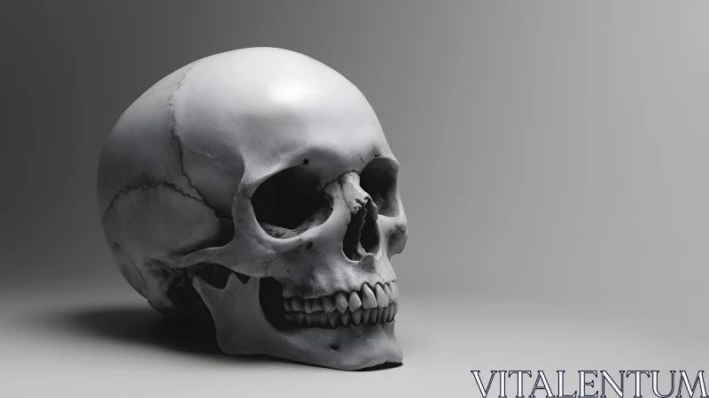 Realistic human skull on gray background, dramatic lighting.
