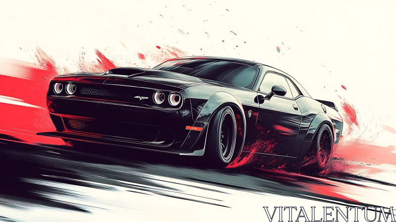 Black muscle car drifting through red speed trails.
