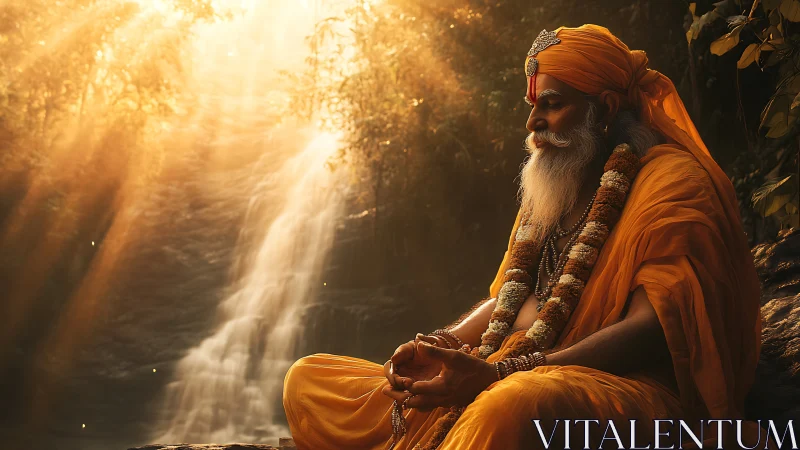 Mystic sage in saffron robes under cascading waterfall light.