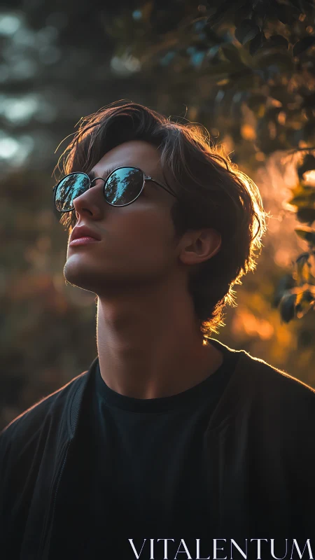 Side profile of person in sunglasses with backlighting.