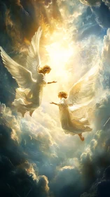 Luminous celestial angels ascending through radiant cloud vortex