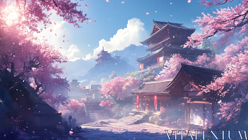 Cherry blossoms surround traditional Japanese temple complex