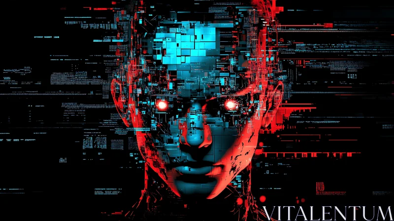 Neon code-faced sentinel rising from fractured data night.