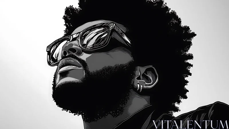 Monochrome vector portrait of man with afro and sunglasses.