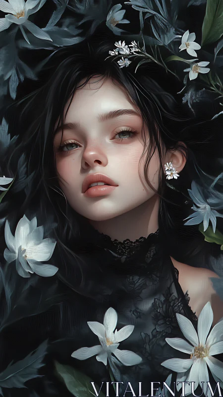Nocturnal floral portrait of ethereal dark-haired maiden.