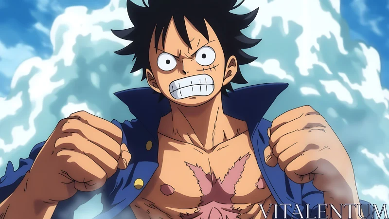 Fiery anime hero clenches his fists and stands ready to fight