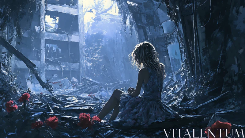 Digital painting of lone girl in ruined atrium with red blooms.