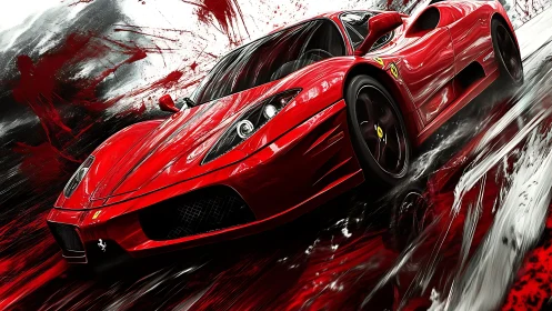 Scarlet supercar surges through abstract streaks of speed and light