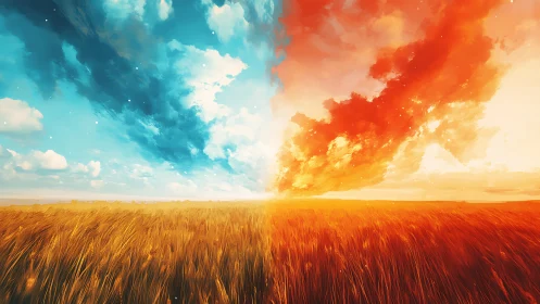 Sky split in fire and frost above a dreaming wheat sea.