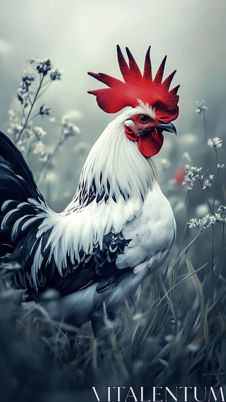 Majestic Rooster in Misty Field with Flowers.