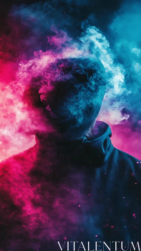Silhouetted hooded figure in neon magenta and cyan vapor cloud.