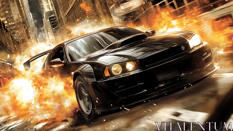 Black street racer erupts through urban firestorm at speed