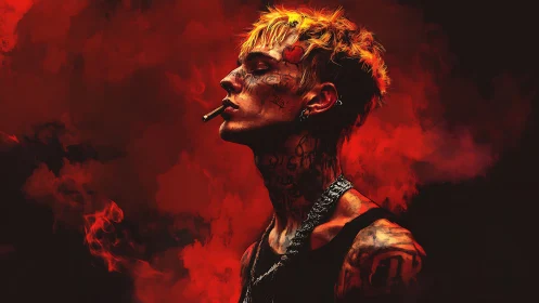 Tattooed male profile in red smoke digital portrait.