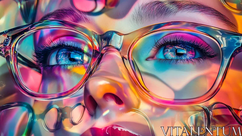 Radiant close up of dreamy eyes behind rainbow glasses.