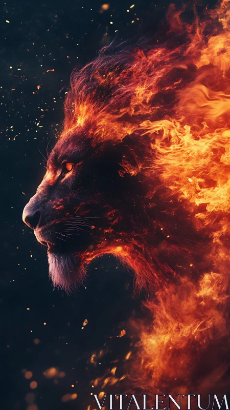 Fiery lion profile blazing through dark cosmic void.