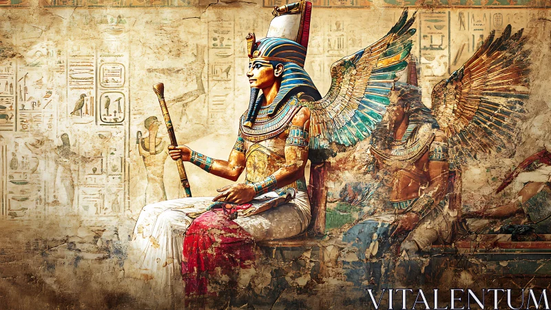Egyptian pharaoh seated before winged deity mural scene.