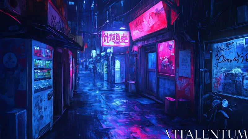 Neon alleyway hums under rain slick cyberpunk midnight glow.