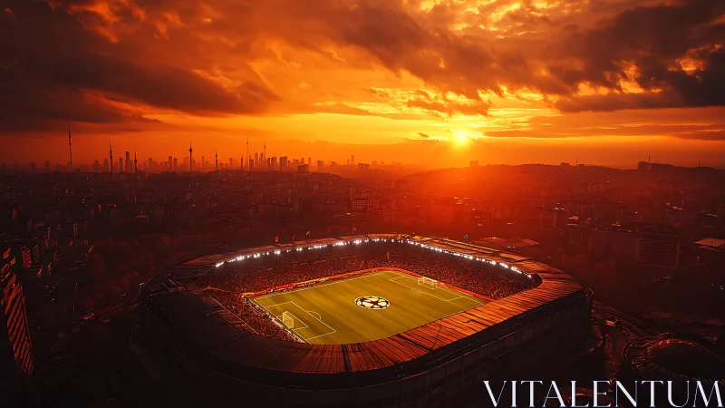 Sunset stadium glow over a city buzzing with match night.