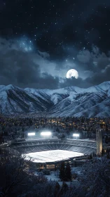 Moonlit stadium nestles under snowy mountains and starry sky