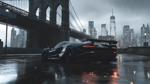 Sports car is parked under bridge near city skyline at night