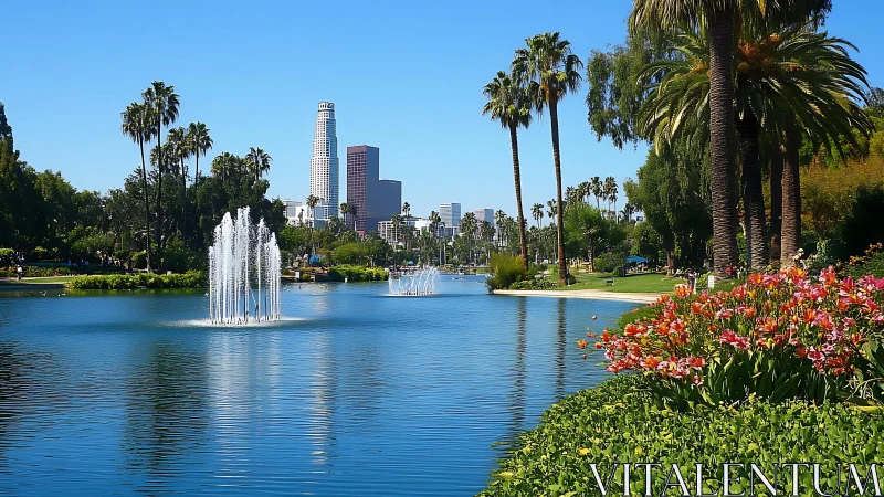 City lake with fountains, palm trees and skyline view.