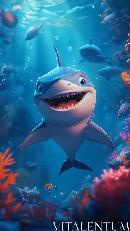 Grinning baby shark glides through sunlit coral playground