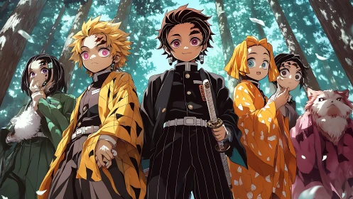 Forest-lit chibi demon slayers step forward in bold color