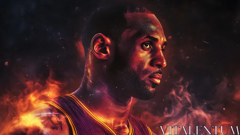 Fiery basketball portrait glows against a dark, smoky void.