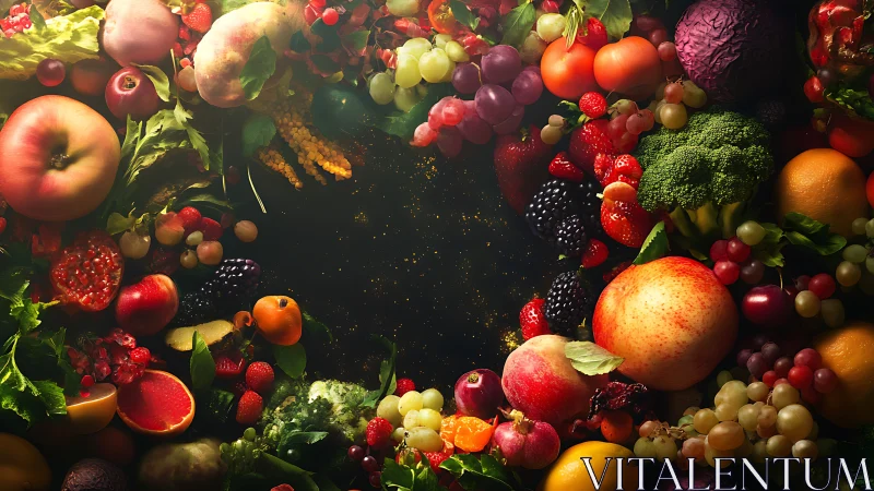 Vibrant seasonal fruits and vegetables frame dark center space.