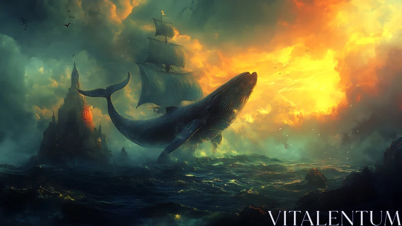 Colossal whale galleon surges through stormlit fantasy sea.