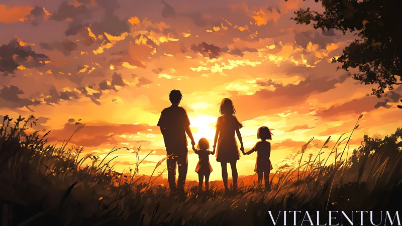 Family silhouettes watching sunset over grassy hillside.