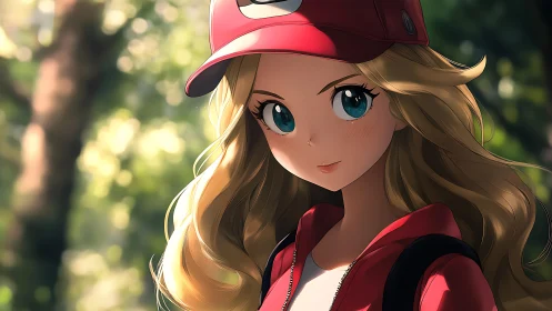 Blonde anime hiker in red cap under sunlit forest bokeh.