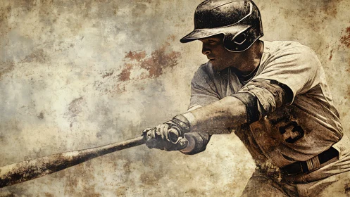 Baseball batter mid swing on textured grunge backdrop.