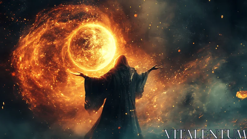 Hooded figure stands before swirling fiery orb in darkness