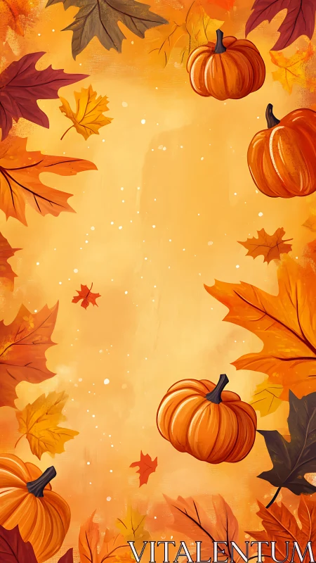 Vertical autumn frame with stylized pumpkins and falling foliage