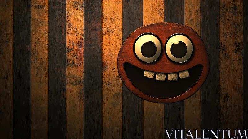 Grunge striped backdrop with 3D carved cartoon smile emblem.