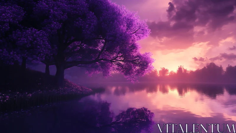 Purple blossom tree reflects in calm lake at sunset